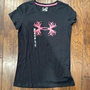 Women’s under armor power in pink antler logo tee size med black with pink